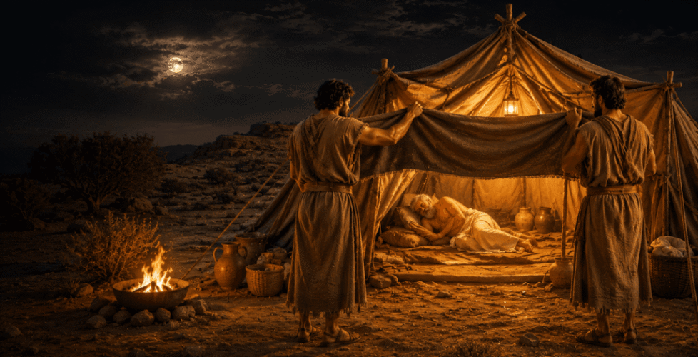 Noah's sons walking towards his tent to cover him. Prophet Dwight Taylor