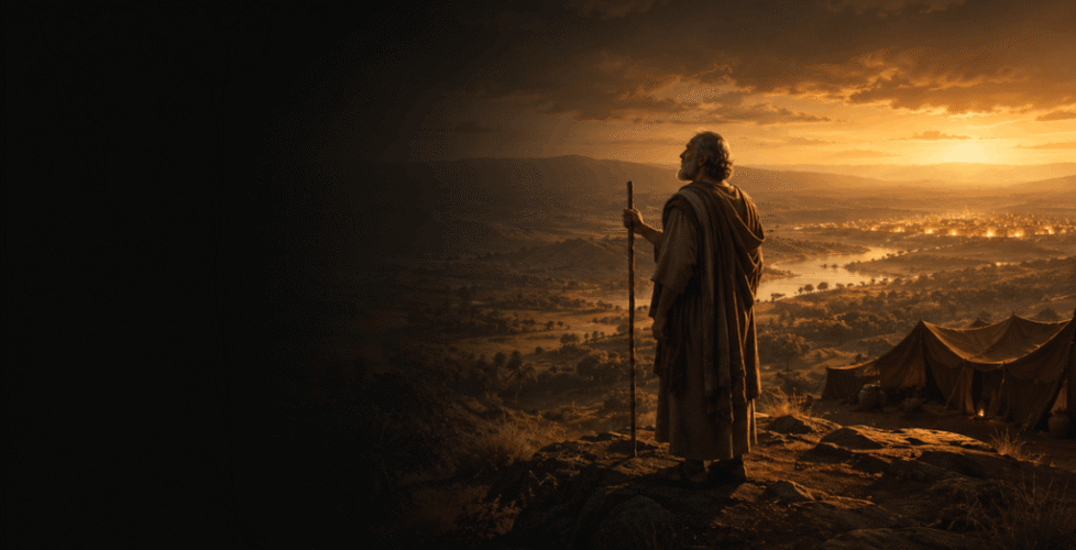 Lot on a ridge at dusk looking toward Sodom — Rising Servants, Falling Sons by Prophet Dwight Taylor